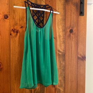 Ya Los Angeles flowy blouse tank, Size L in green with navy blue accent.